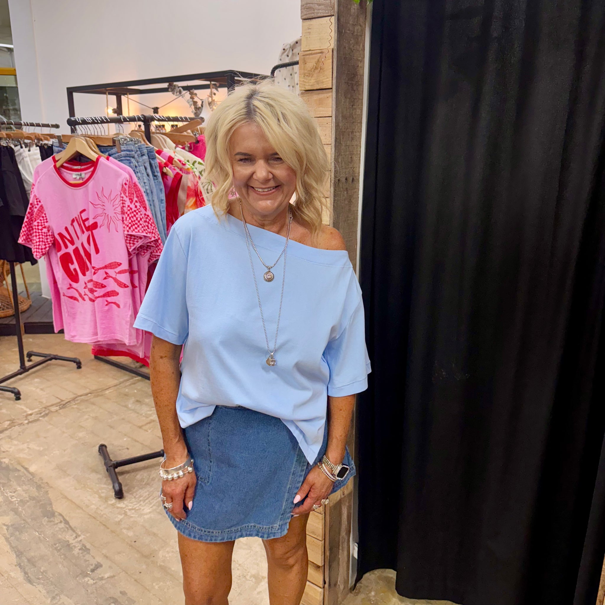 Finn Off Shoulder Tee - Blue